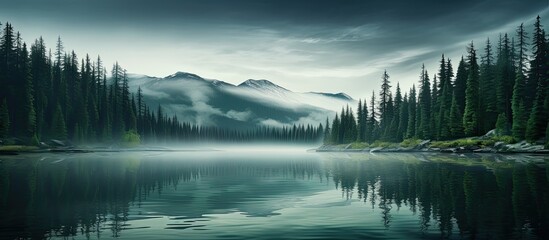 Misty serene forest by an emerald lake in Canada