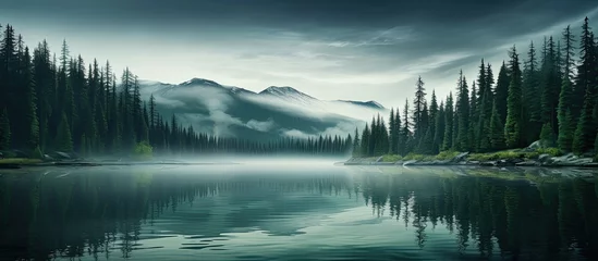 Fotobehang Blauwgroen Misty serene forest by an emerald lake in Canada