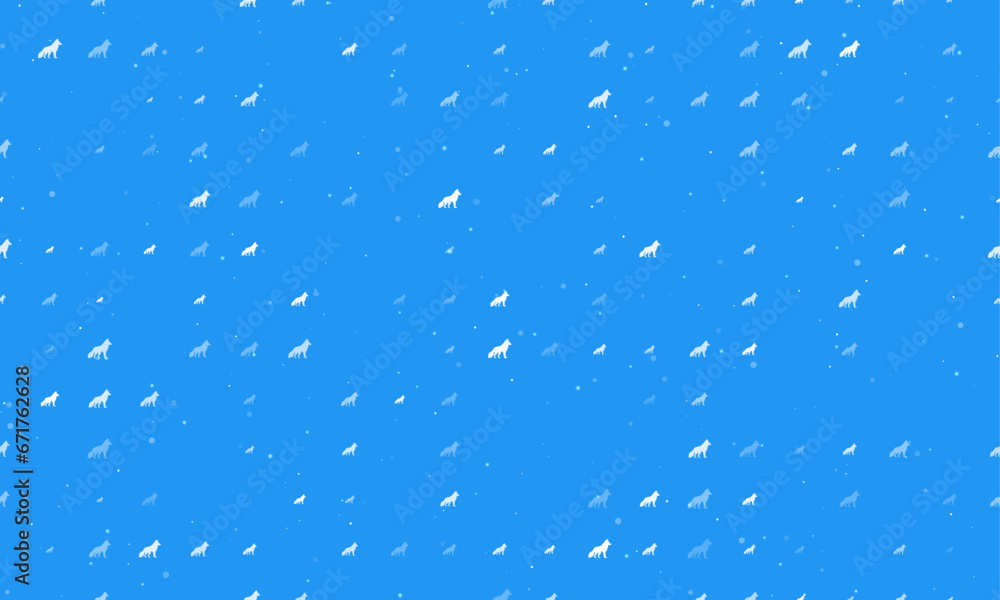 Poster seamless background pattern of evenly spaced white wolf symbols of different sizes and opacity. vect