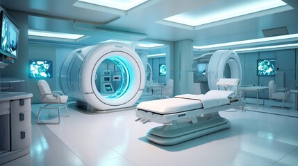 A modern radiology department filled with MRI machines, CT scanners, and professionals clad in lead aprons. - obrazy, fototapety, plakaty