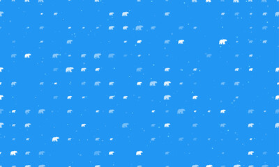 Seamless background pattern of evenly spaced white bear icons of different sizes and opacity. Vector illustration on blue background with stars