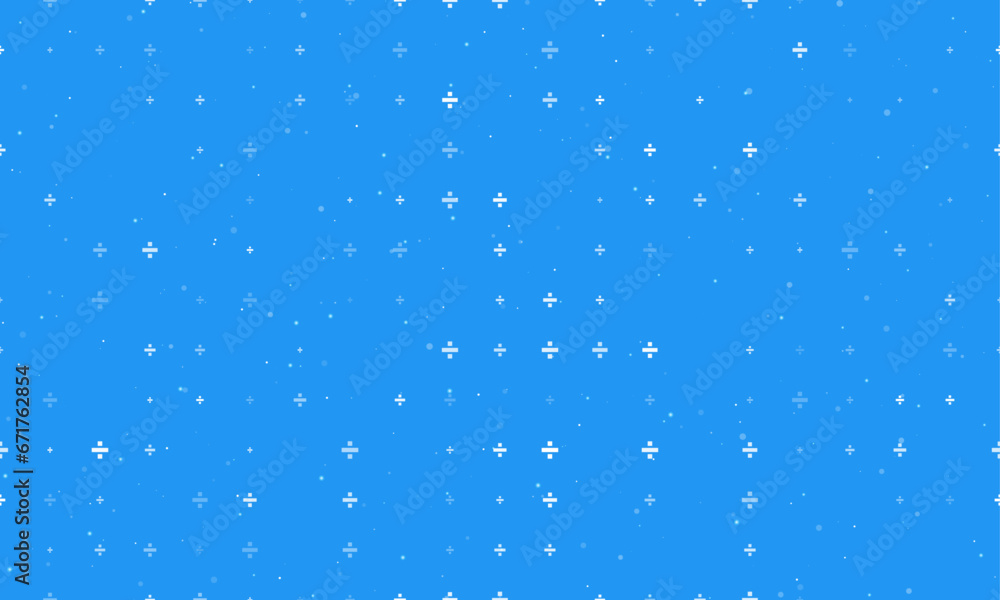 Poster seamless background pattern of evenly spaced white division symbols of different sizes and opacity. 