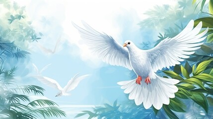 Obraz premium White dove flying in the forest blur background. AI generated image