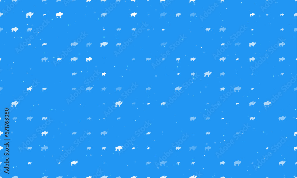 Poster seamless background pattern of evenly spaced white buffalo symbols of different sizes and opacity. v