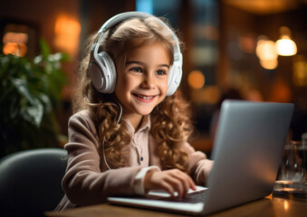 Cute happy little girl with headphones exploring internet with her laptop at home.Macro.AI Generative.