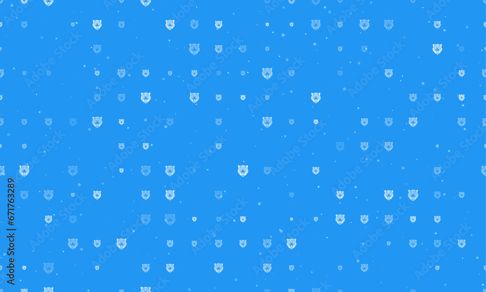 Poster seamless background pattern of evenly spaced white tiger head symbols of different sizes and opacity