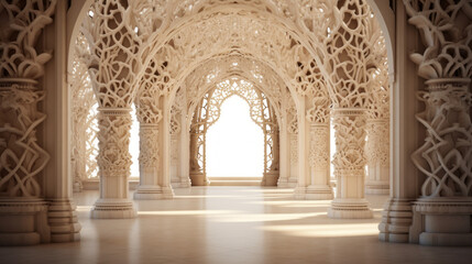 Fototapeta na wymiar An intricately designed archway of ivory columns and intricate latticework creating an air of mystery