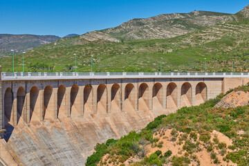 View of the dry spillway of a concrete dam. Forata reservoir, Valencia, Spain.