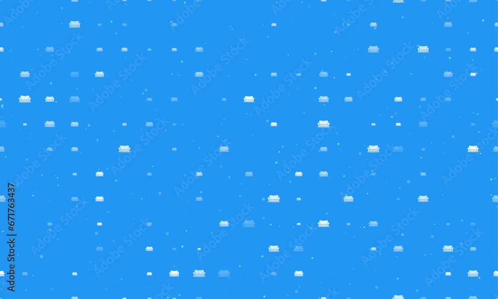 Poster seamless background pattern of evenly spaced white sofa symbols of different sizes and opacity. vect