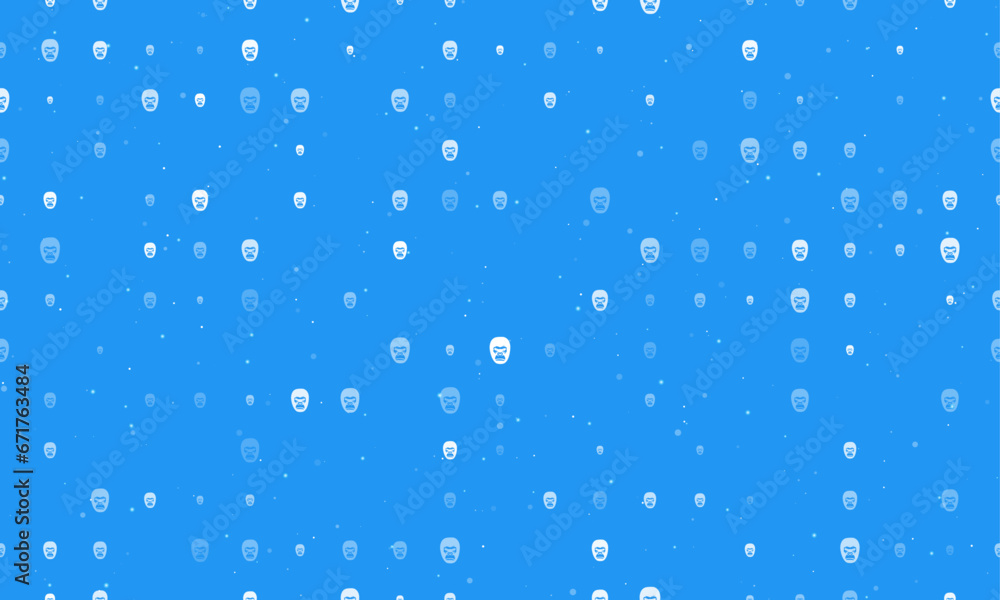 Poster seamless background pattern of evenly spaced white gorilla heads of different sizes and opacity. vec