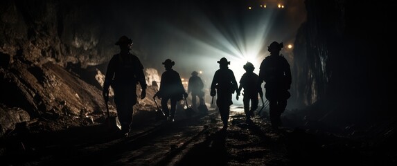 Mining working. Silhouette of Miners entering underground coal mine night lighting - obrazy, fototapety, plakaty