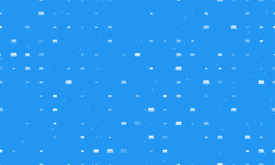 Seamless background pattern of evenly spaced white sofa symbols of different sizes and opacity. Vector illustration on blue background with stars