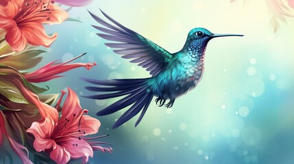 Obraz premium Hummingbird flying in the forest blur background. AI generated image