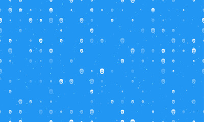 Seamless background pattern of evenly spaced white gorilla heads of different sizes and opacity. Vector illustration on blue background with stars