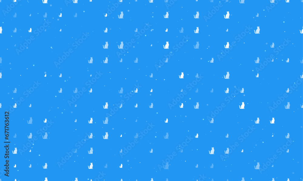 Poster seamless background pattern of evenly spaced white cat icons of different sizes and opacity. vector 