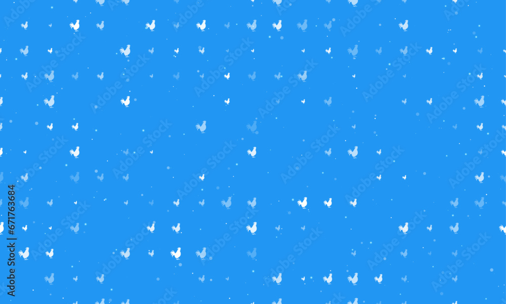 Poster seamless background pattern of evenly spaced white rooster symbols of different sizes and opacity. v