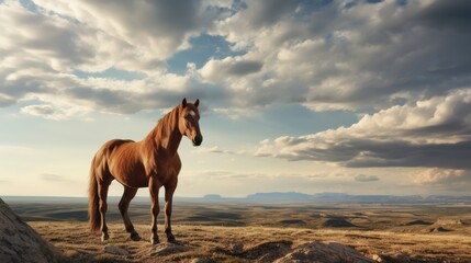  a brown horse standing on top of a dry grass covered field next to a large rock and a cloudy sky.  generative ai - obrazy, fototapety, plakaty