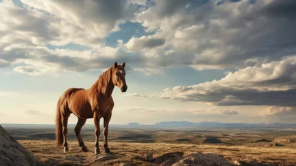 Foto op Aluminium  a brown horse standing on top of a dry grass covered field next to a large rock and a cloudy sky.  generative ai © Anna