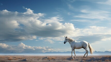  a white horse standing on top of a dry grass covered field under a blue sky with white puffy clouds.  generative ai
