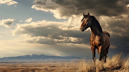  a brown horse standing on top of a dry grass field next to a field of tall grass and a cloudy sky. generative ai