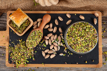 Crushed Pistachio. Healthy dietary nutritional product. Vegetable nut protein. Vegetarian balanced...