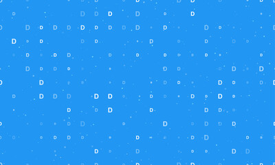Seamless background pattern of evenly spaced white capital letter D symbols of different sizes and opacity. Vector illustration on blue background with stars