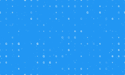 Seamless background pattern of evenly spaced white capital letter G symbols of different sizes and opacity. Vector illustration on blue background with stars