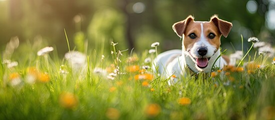 Young woman with a jack russell terrier dog is the main subject of the photograph set against the grass - obrazy, fototapety, plakaty