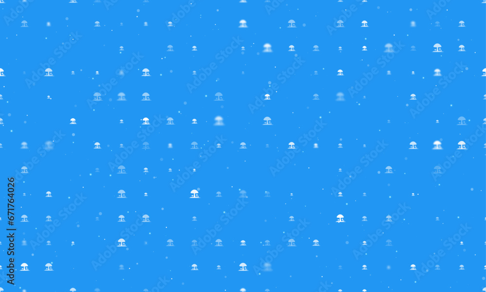 Poster seamless background pattern of evenly spaced white mushrooms symbols of different sizes and opacity.