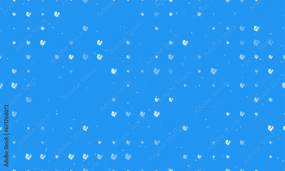 Poster seamless background pattern of evenly spaced white squirrel symbols of different sizes and opacity. 