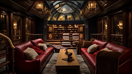 A plush home theater adorned with leather recliners, mood lighting, and a gargantuan screen.