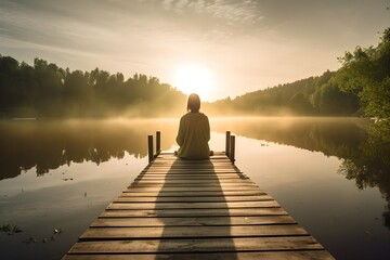 a person sitting on a dock looking at the sun