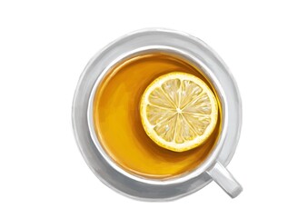 Tea with lemon in a white cup illustration in the style of markers