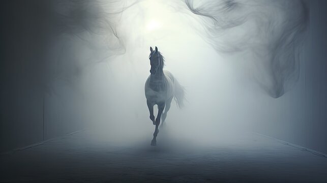  a horse running through a foggy area with its rear legs in the air and its rear legs in the air.  generative ai