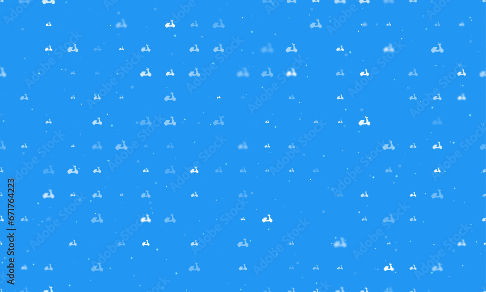 Poster seamless background pattern of evenly spaced white scooter symbols of different sizes and opacity. v