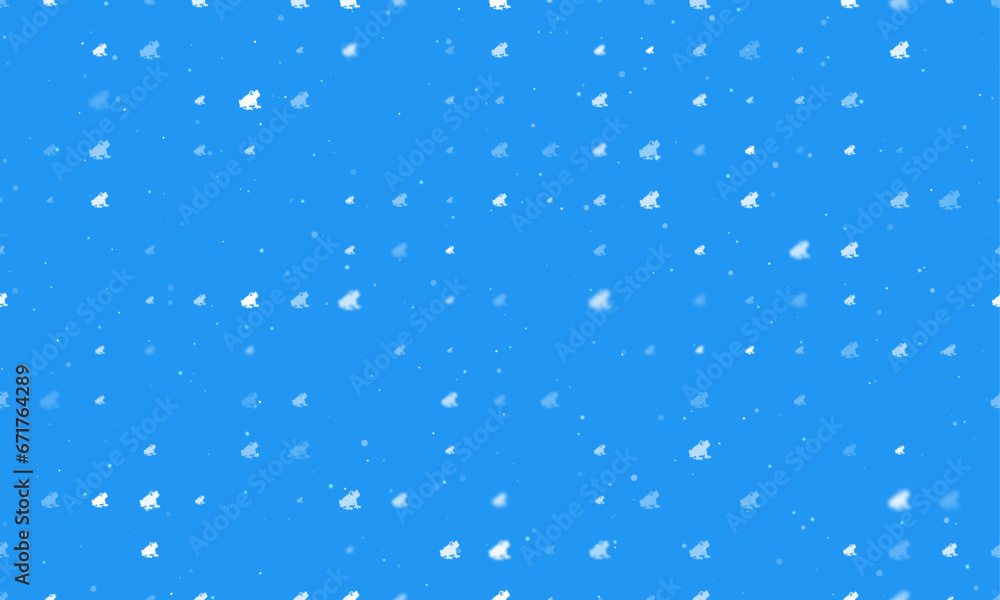 Poster seamless background pattern of evenly spaced white frog symbols of different sizes and opacity. vect