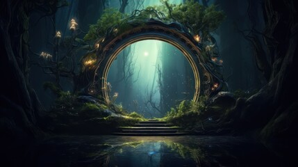 	
Dark mysterious forest with a magical magic mirror, a portal to another world. Night fantasy forest. 3D illustration