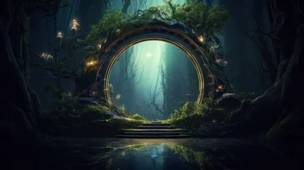 Fotobehang Fantasie landschap   Dark mysterious forest with a magical magic mirror, a portal to another world. Night fantasy forest. 3D illustration