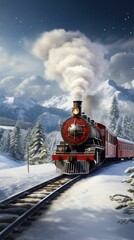 beautiful old steam train with christmas decorations in snow with mountains in background