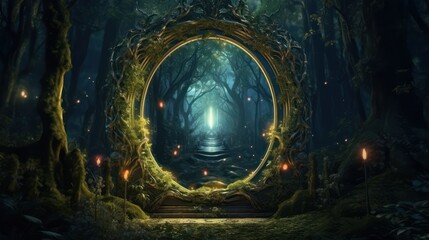 	
Dark mysterious forest with a magical magic mirror, a portal to another world. Night fantasy forest. 3D illustration