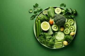 Food background with green fruits, vegetables and herbs, lemons, broccoli, kiwis and others in the plate on the green background, top view, copy space