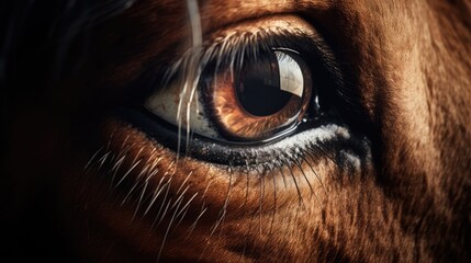  a close up of a horse's eye with brown and white stripes on it's face and a black background.  generative ai