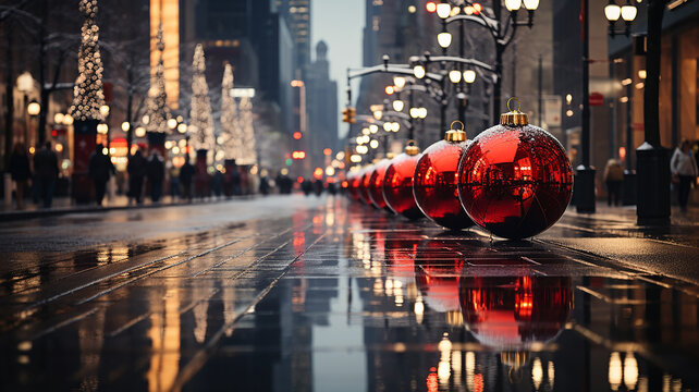 Weihnachten Advent Kugeln rot auf Stra&szlig;e surreal Generative AI