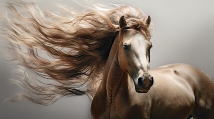  a couple of brown horses standing next to each other on a gray background with long hair blowing in the wind.  generative ai