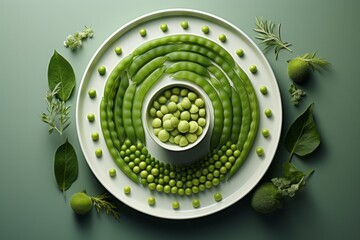 Green peas and pea pods in the plate on the green background, top view, food art, copy space
