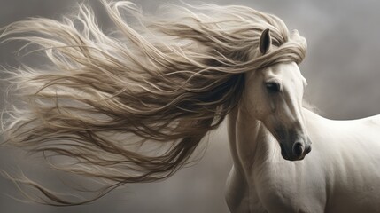  a painting of a white horse with its hair blowing in the wind in front of a black background with a white horse in the foreground.  generative ai