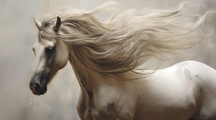  a painting of a white horse with its hair blowing in front of it's face and back of it's head.  generative ai