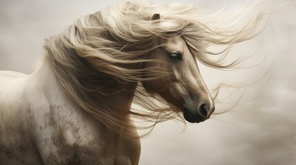  a white and brown horse with its hair blowing in the wind on a gray and white cloudy day with clouds in the background.  generative ai