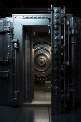 a large metal door with a round door - obrazy, fototapety, plakaty