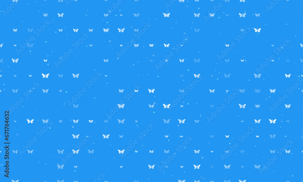 Poster seamless background pattern of evenly spaced white butterfly symbols of different sizes and opacity.
